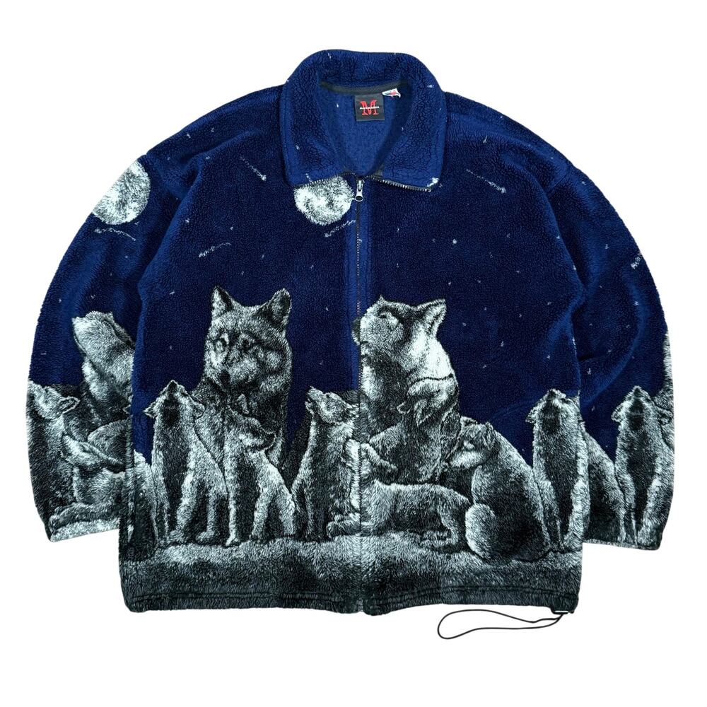 Vintage 90s Wolf Moon Full Zip Fleece Jacket M Blue USA Made All Over Print